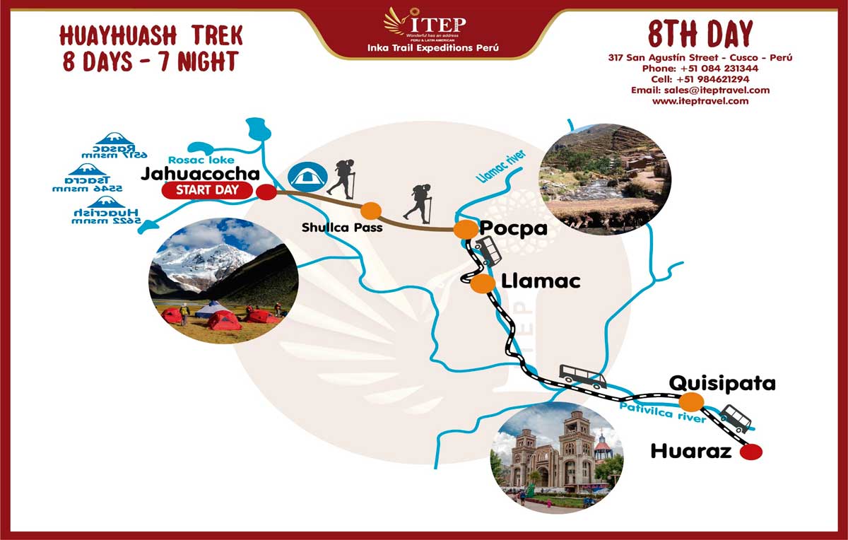 Map - Day 8: Laguna Jahuacocha / Pass Pampa Llamac (4300MT) / Descent Transfer Back To Huaraz(3,053M/10013 FT).